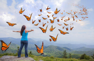 woman with butterflies: change and freedom