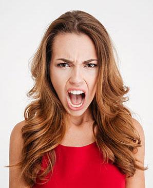 difficult clients: angry female client in red dress yelling