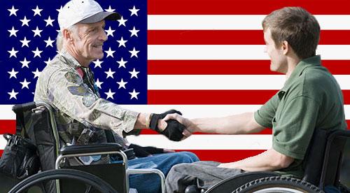 disability retirement pay: two veterans in wheelchairs shaking handing; American flag background